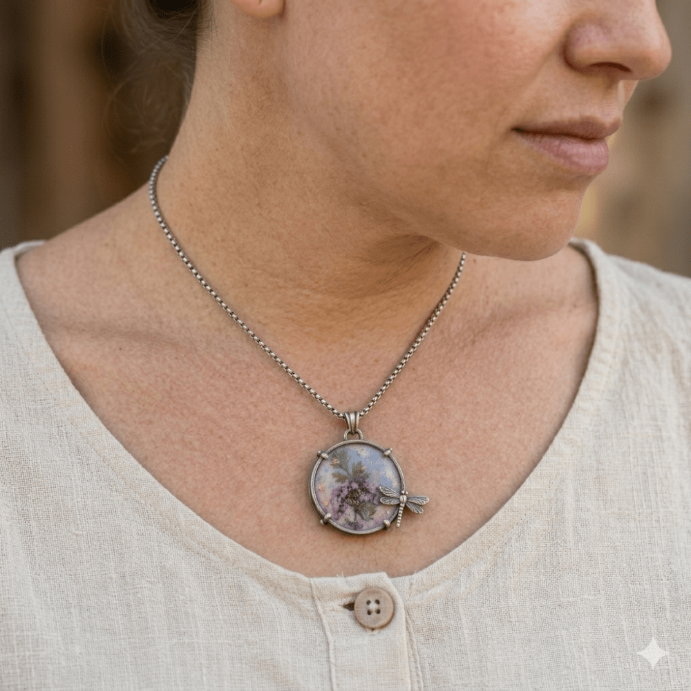 Dragonfly Necklace – Sterling Silver Enamel Flower Pendant - 