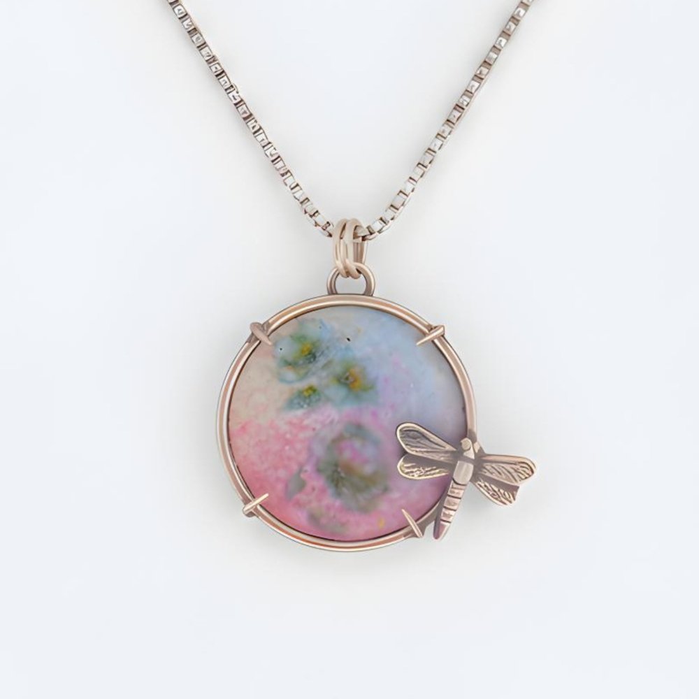 Dragonfly Necklace – Sterling Silver Enamel Flower Pendant - 