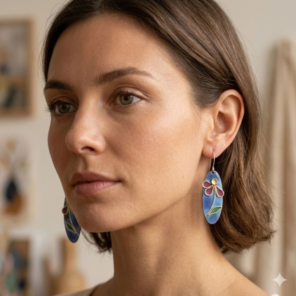 Enamel Silver Cloisonne Daisy Earrings - 