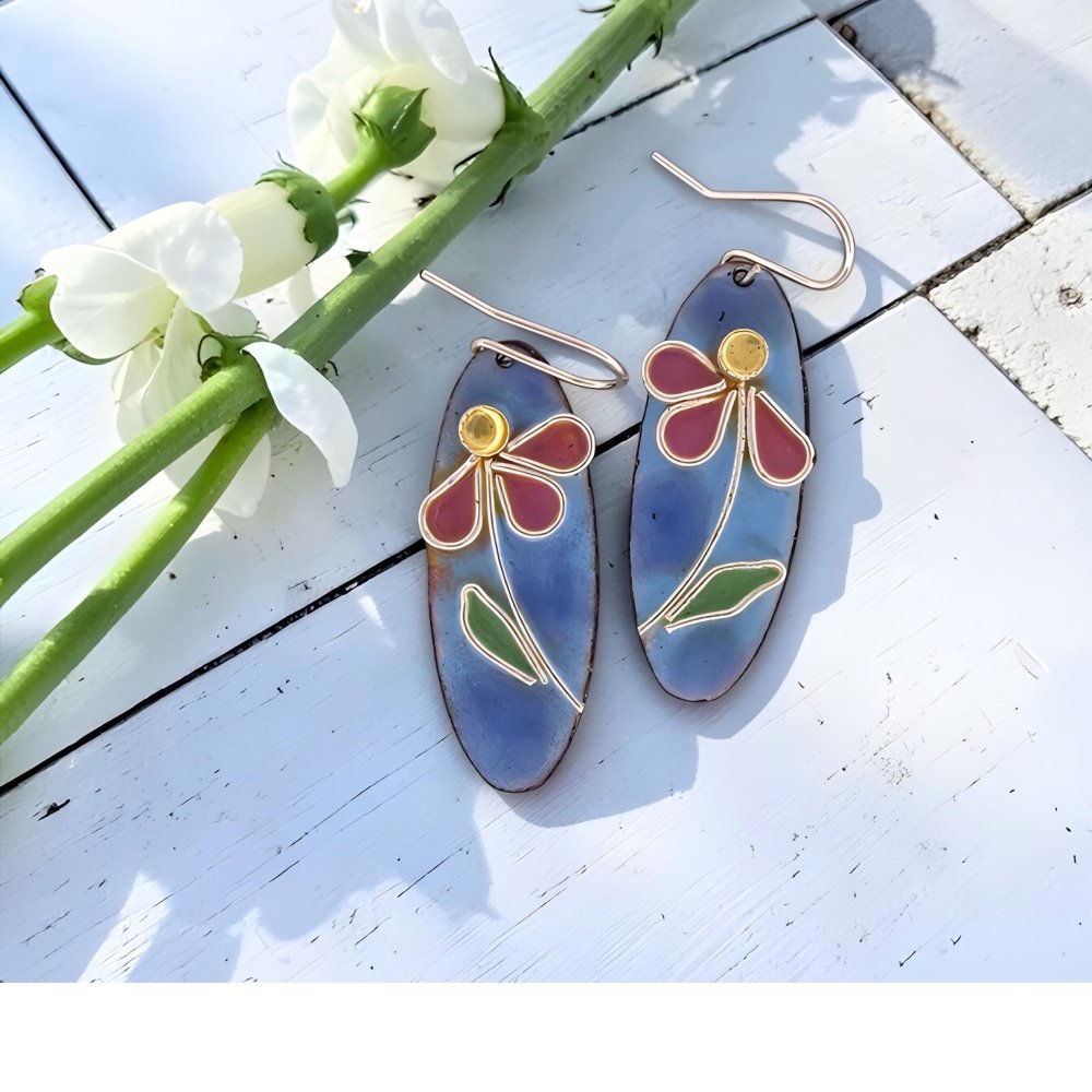 Enamel Silver Cloisonne Daisy Earrings - 