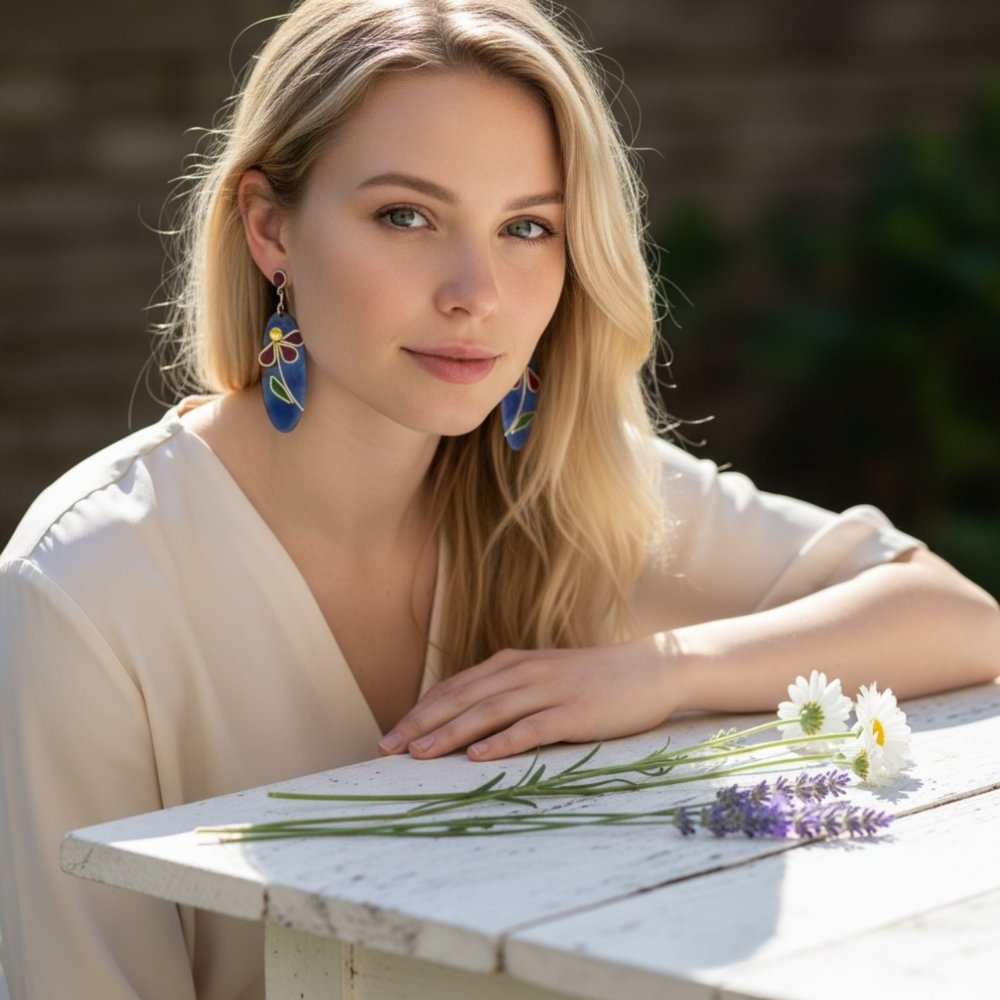 Enamel Silver Cloisonne Daisy Earrings - 