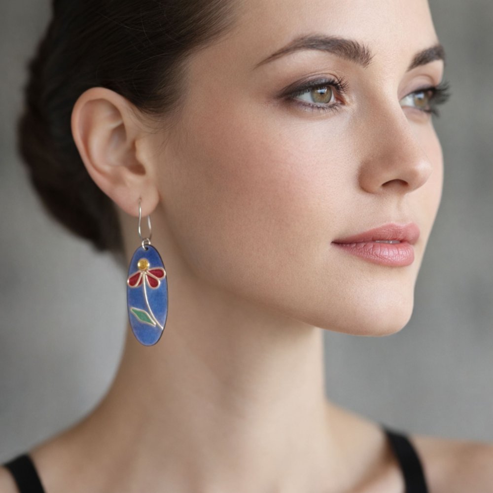 Enamel Silver Cloisonne Daisy Earrings - 