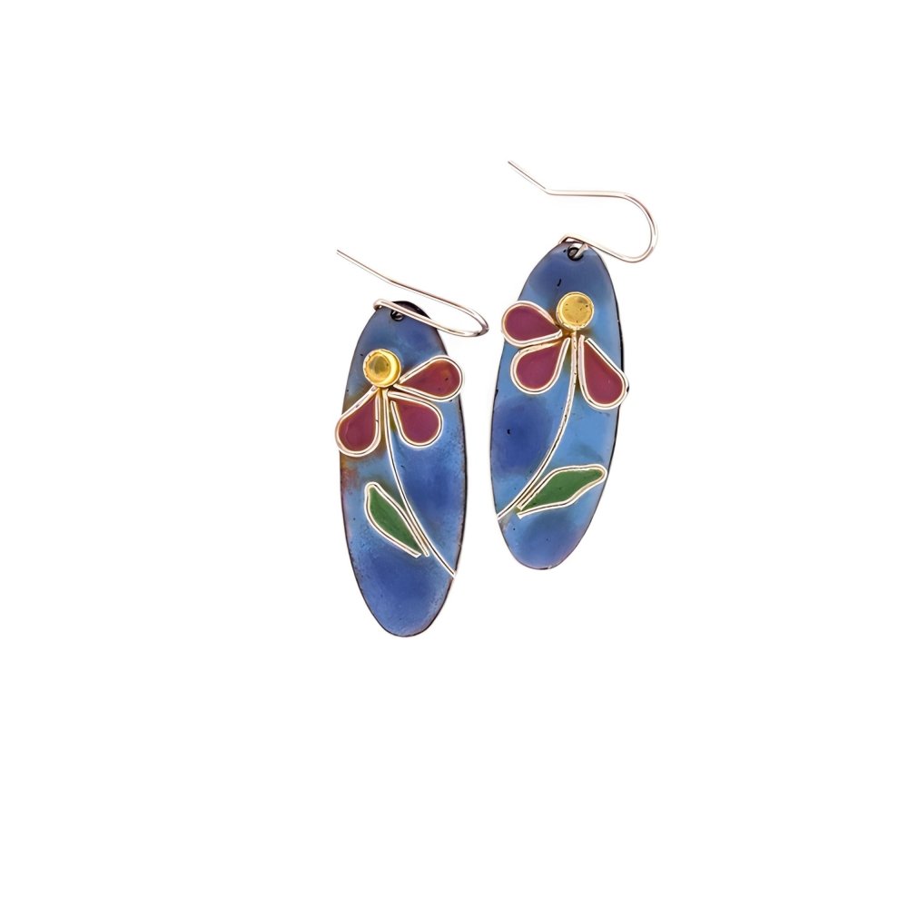 Enamel Silver Cloisonne Daisy Earrings - 