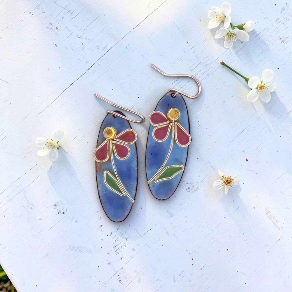 Enamel Silver Cloisonne Daisy Earrings - 