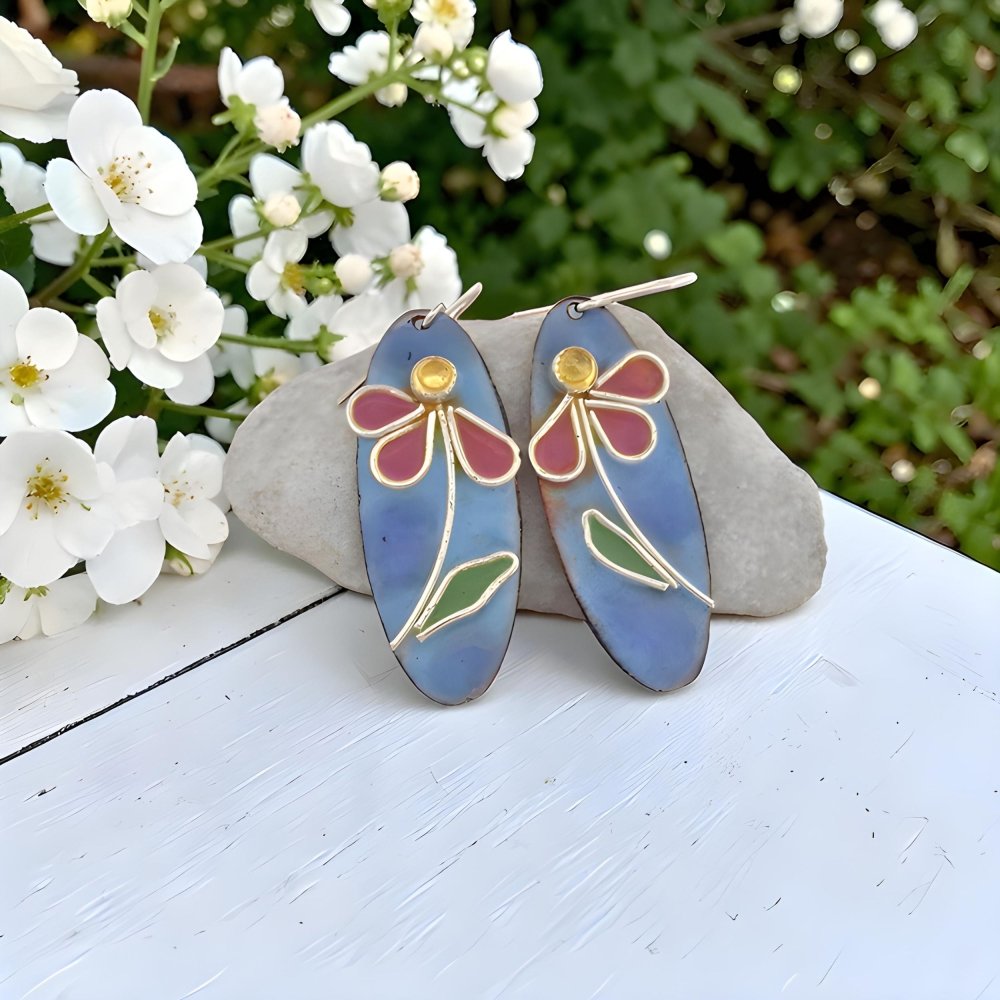 Enamel Silver Cloisonne Daisy Earrings - 