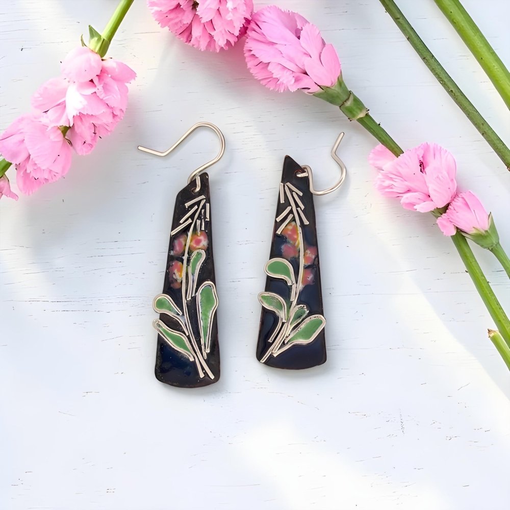 Enamel Silver Cloisonne Fireweed Earrings - 