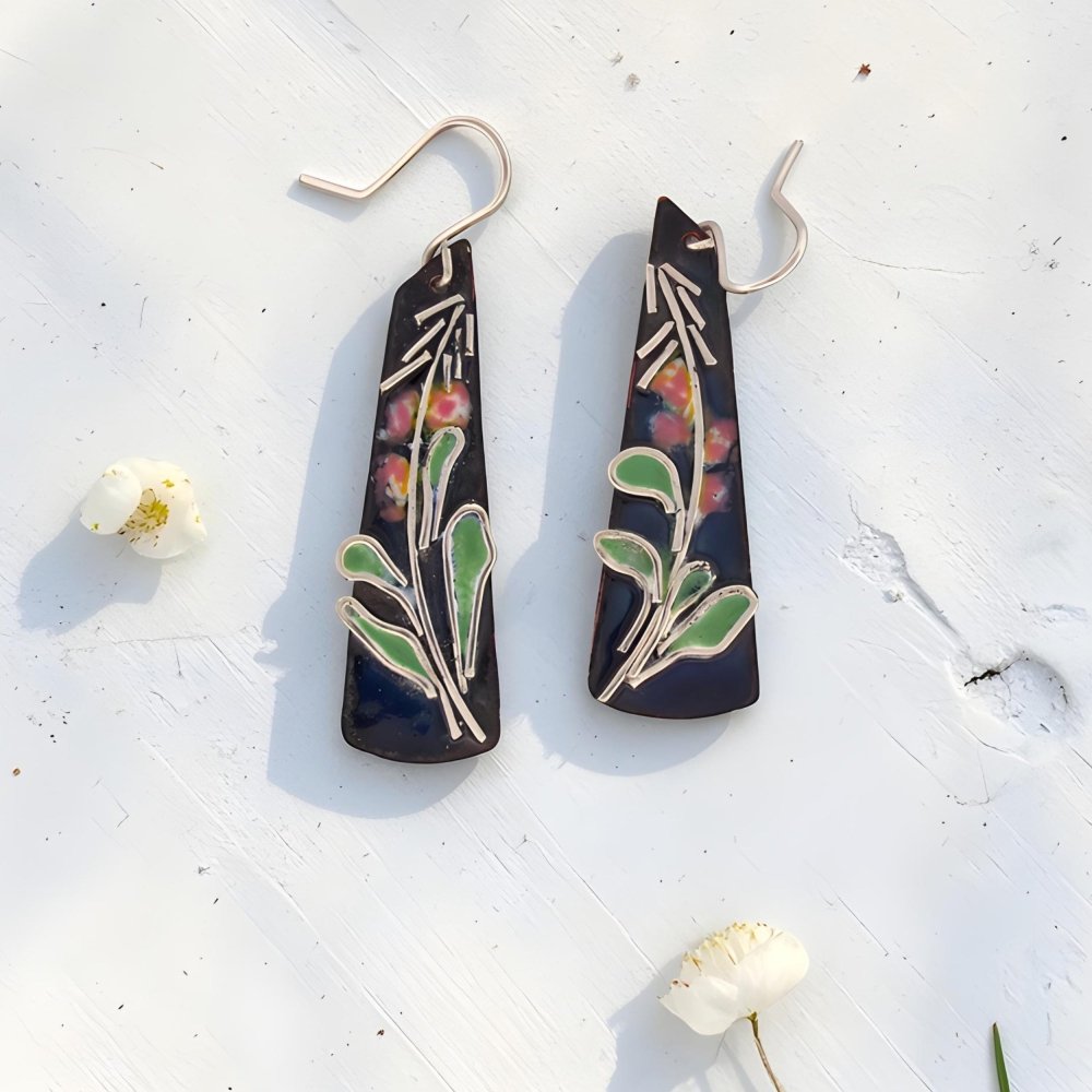 Enamel Silver Cloisonne Fireweed Earrings - 