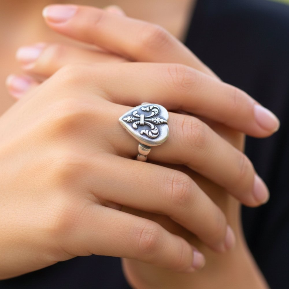 Fleur - de - lis Heart Silver Ring - 