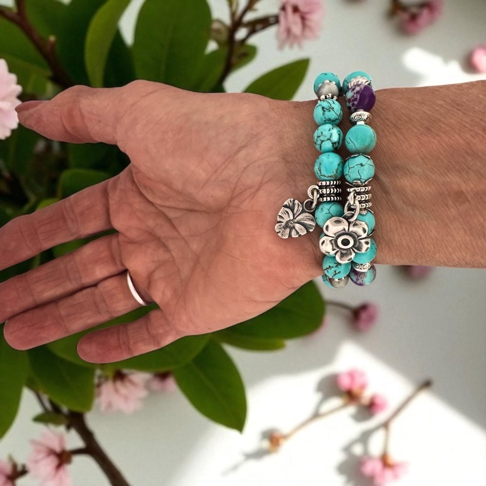 Floral Silver Beaded Button Bracelet - 