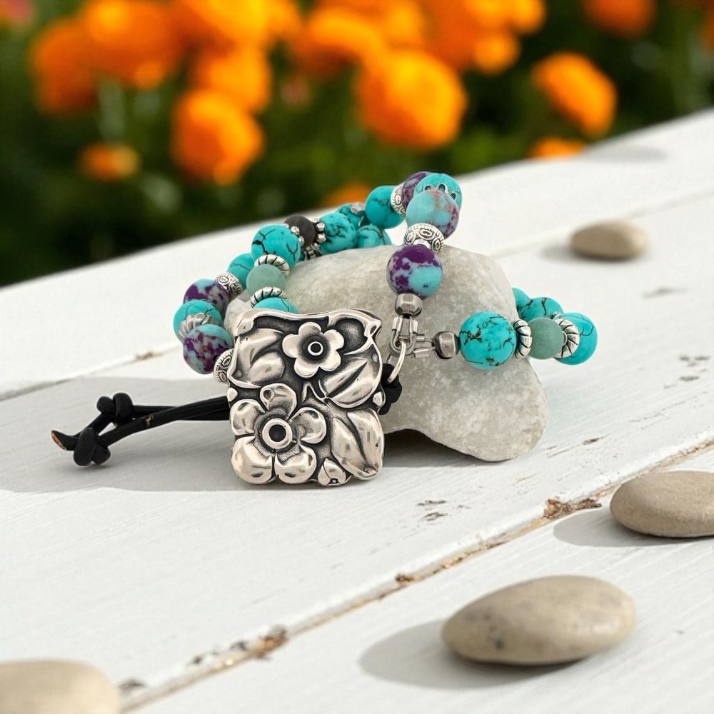 Floral Silver Beaded Button Bracelet - 