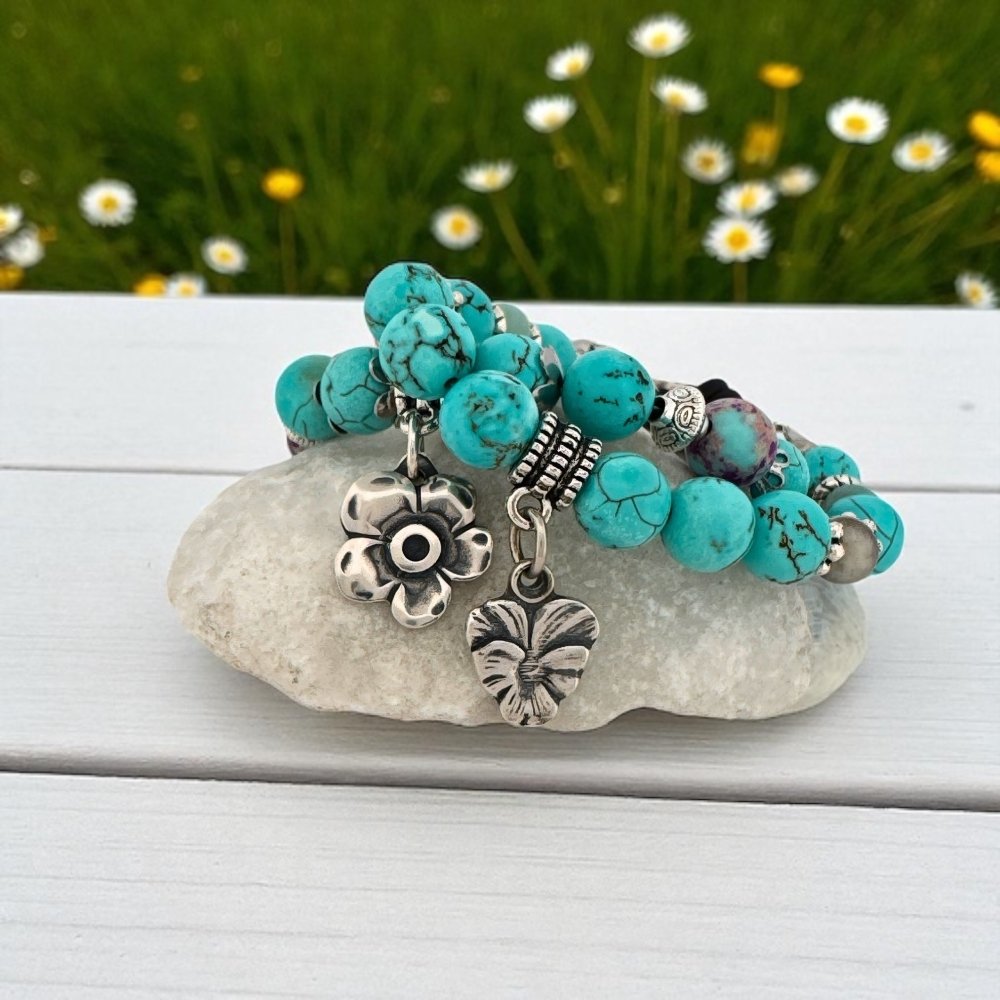 Floral Silver Beaded Button Bracelet - 
