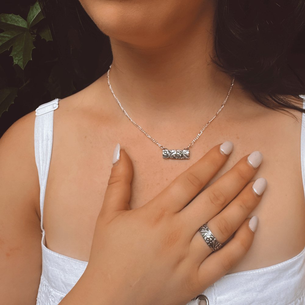 Women's Flower and Leaf Silver Bar Necklace. Shop now – Pure Whimsy Jewelry