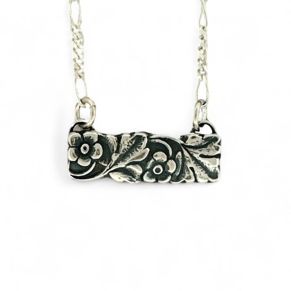 Flower and Leaf Silver Bar Necklace - 
