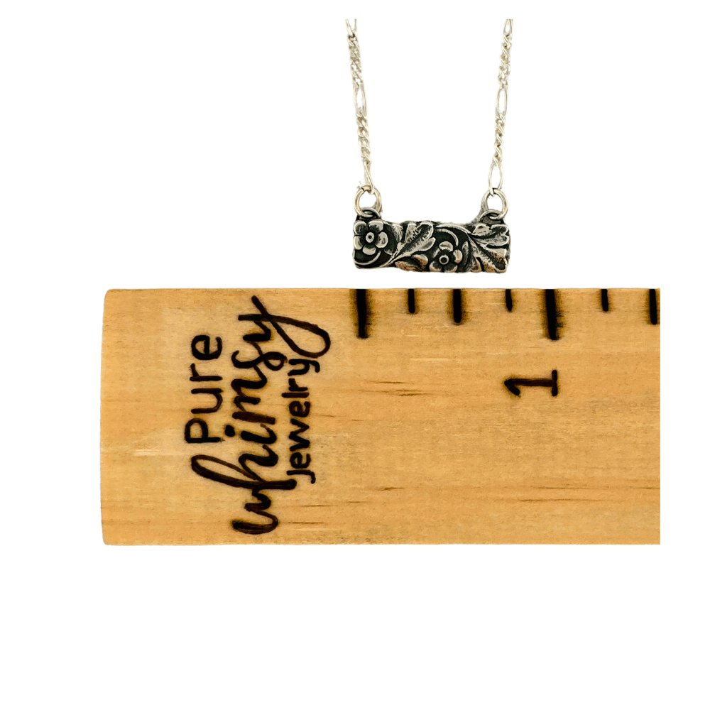 Flower and Leaf Silver Bar Necklace - 