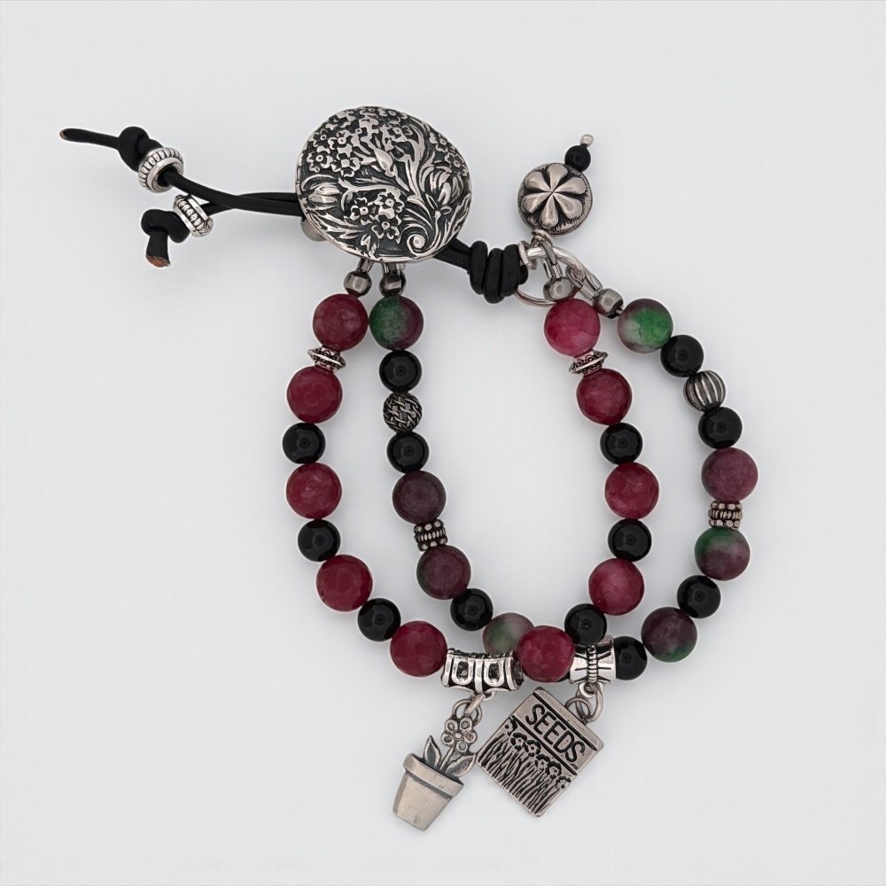 Flower Garden Beaded Silver Button Bracelet - 