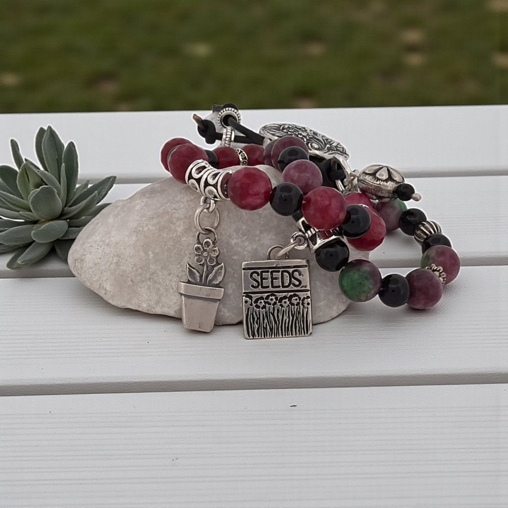 Flower Garden Beaded Silver Button Bracelet - 