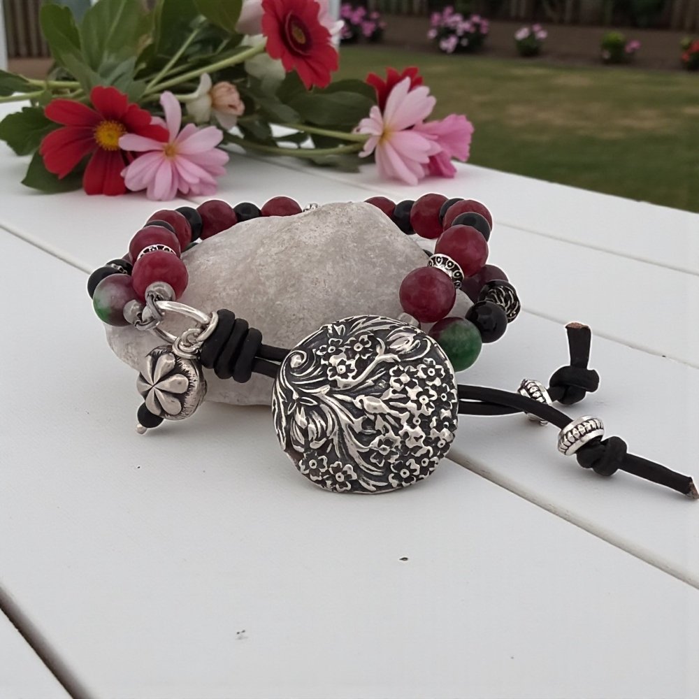 Flower Garden Beaded Silver Button Bracelet - 