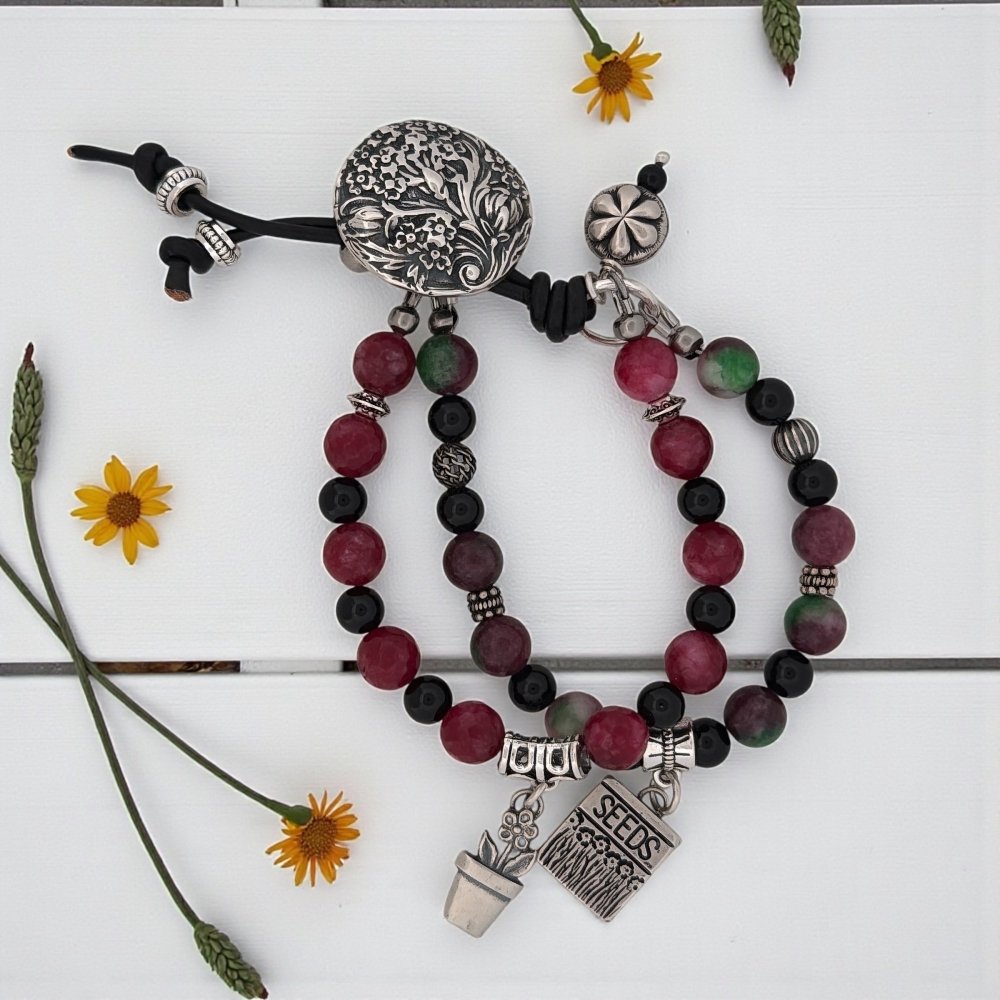 Flower Garden Beaded Silver Button Bracelet - 