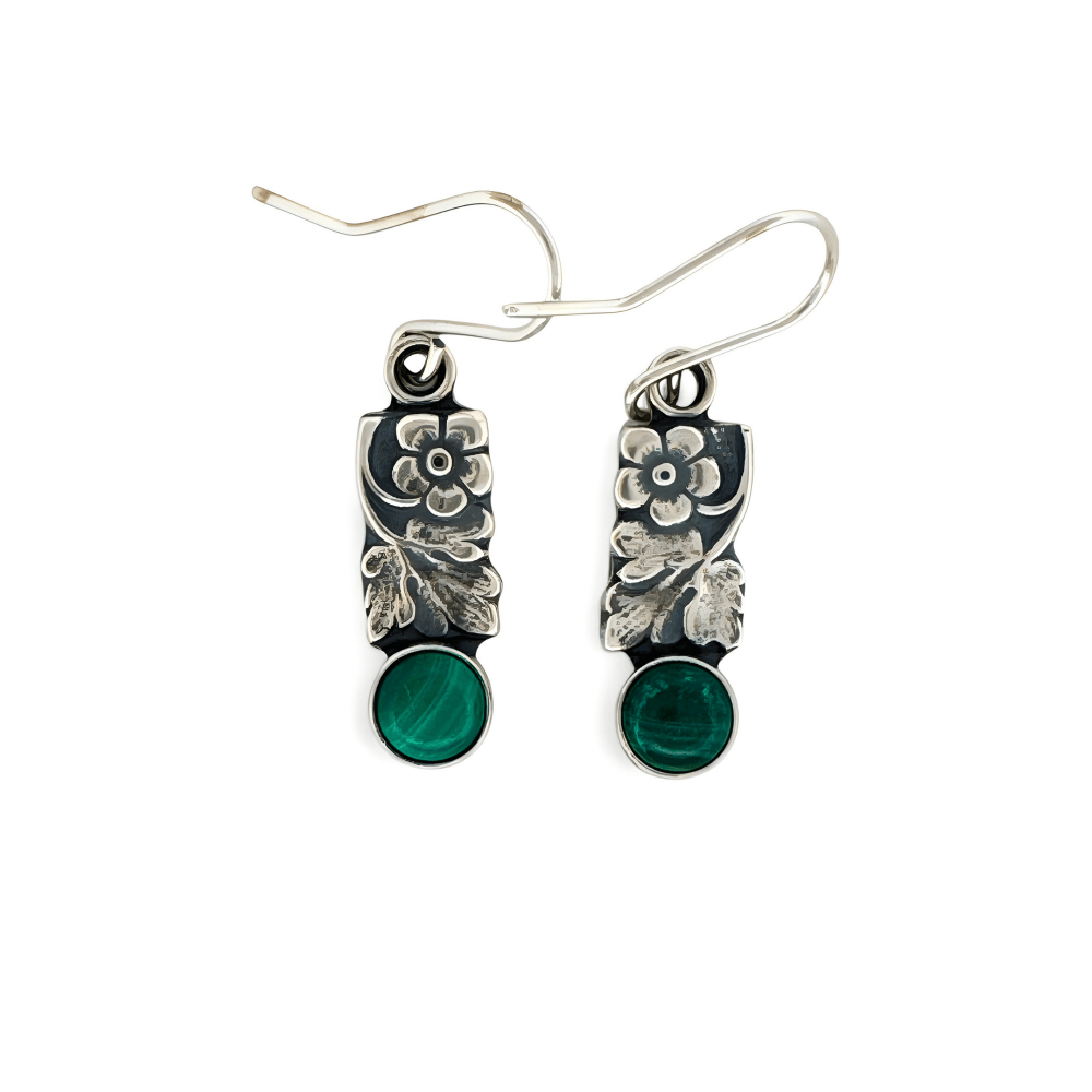Flower Leaf Malachite Silver Earrings - 