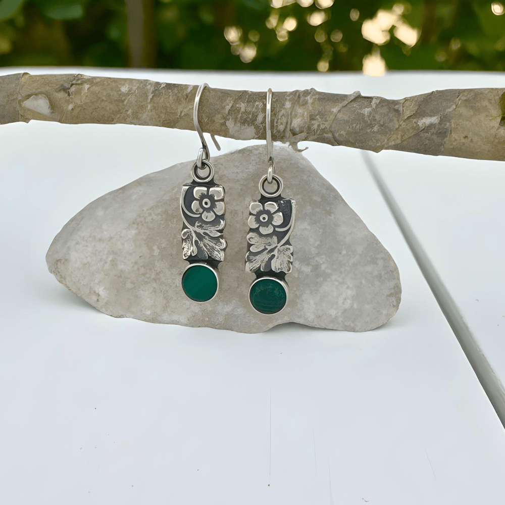 Flower Leaf Malachite Silver Earrings - 