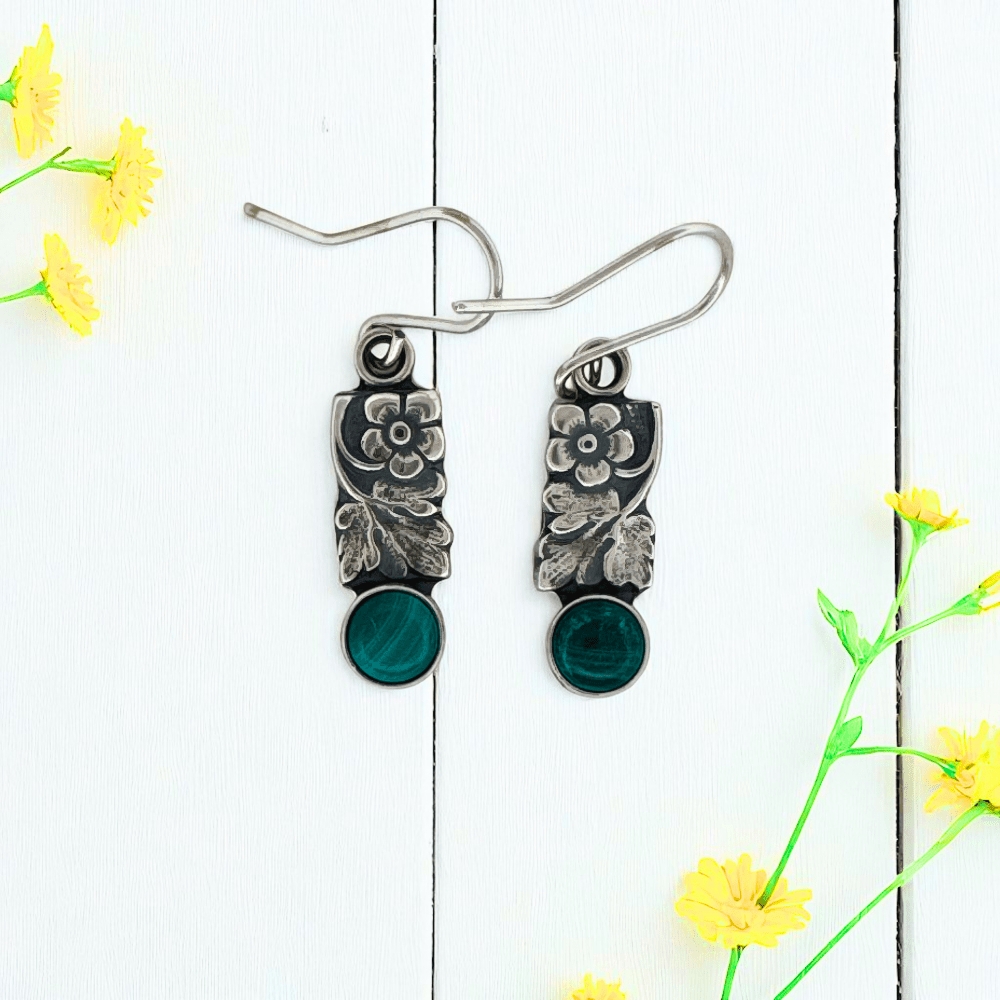 Flower Leaf Malachite Silver Earrings - 