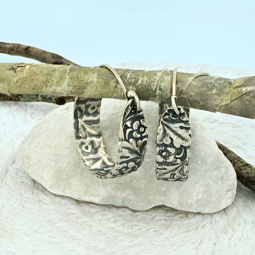 Flower Leaf Silver Hoop Earrings - 