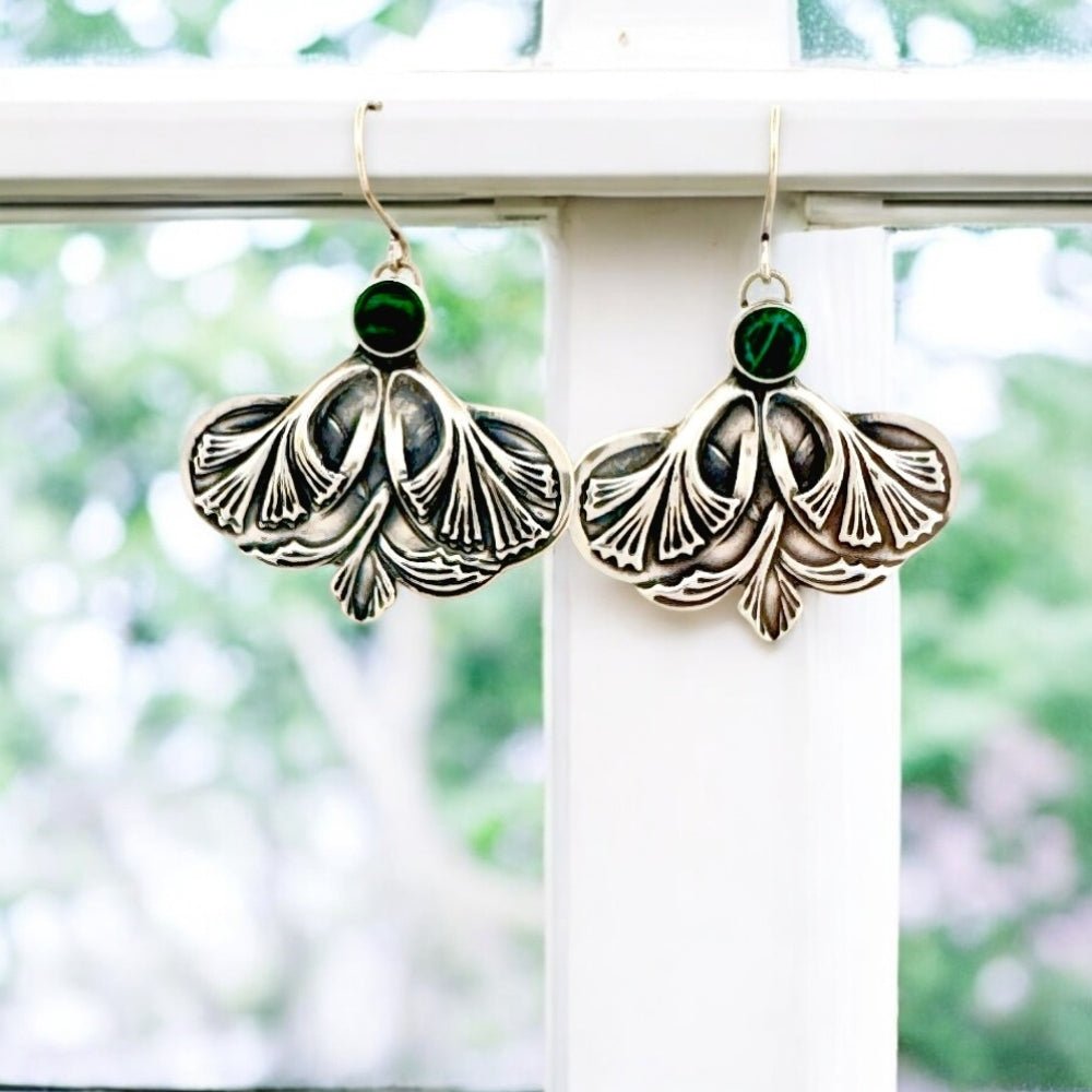 Gingko Leaf Malachite Silver Earrings - 