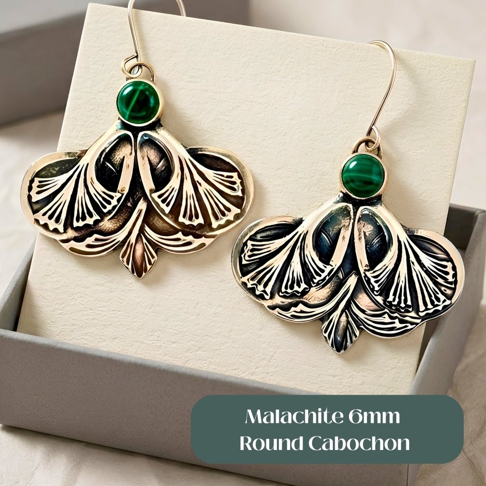 Ginkgo Leaf Malachite Silver Earrings -