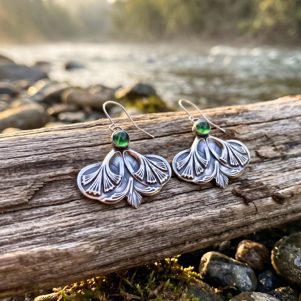Ginkgo Leaf Malachite Silver Earrings -