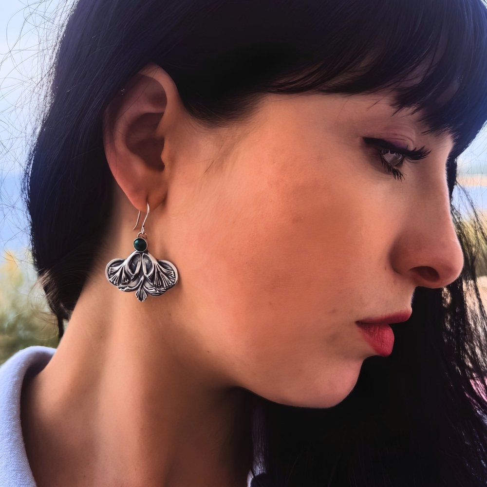 Ginkgo Leaf Malachite Silver Earrings -
