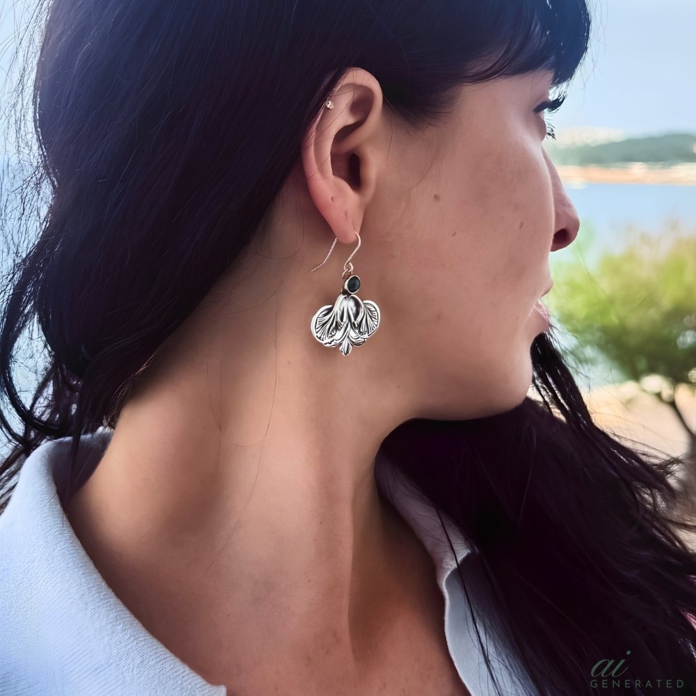 Ginkgo Leaf Malachite Silver Earrings -