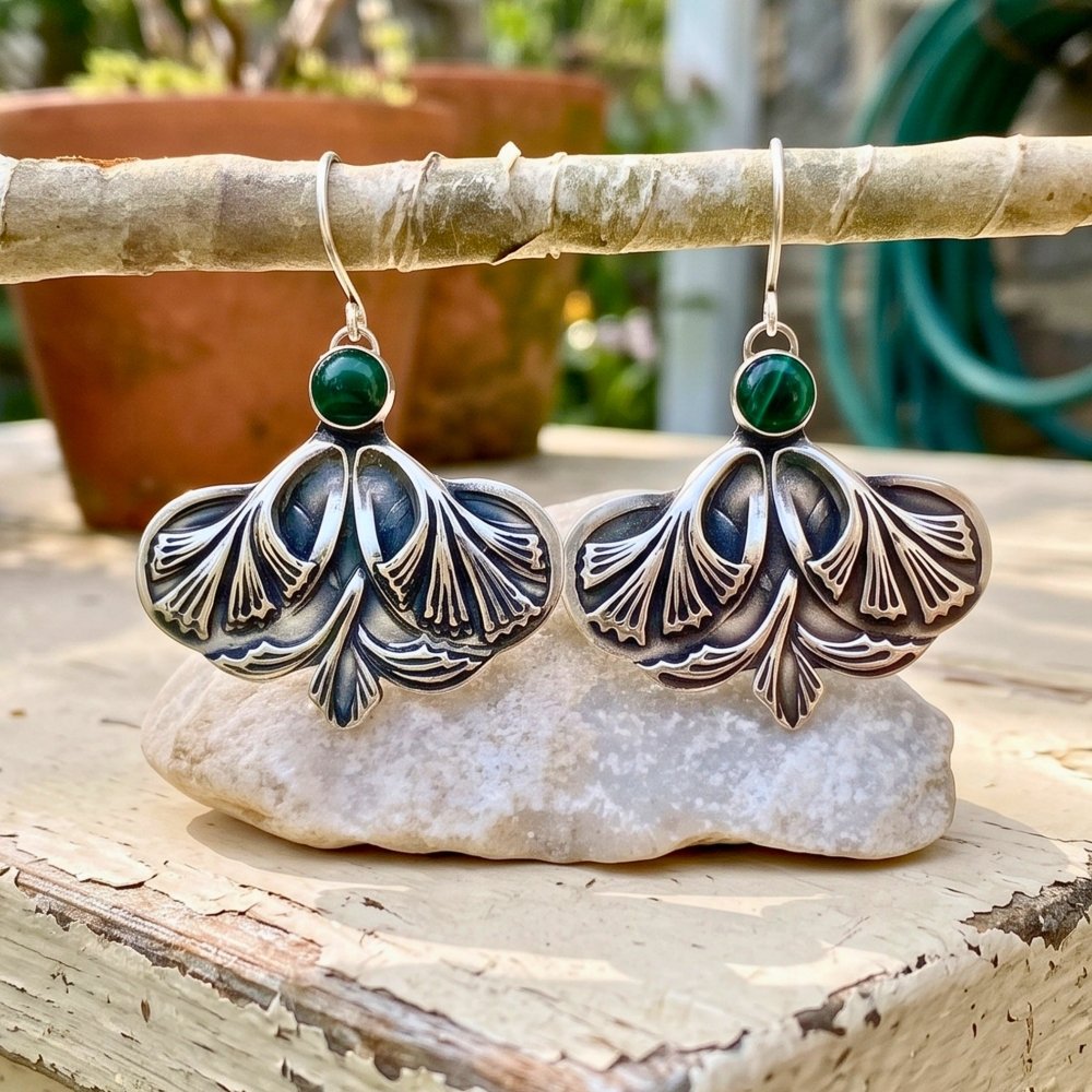 Ginkgo Leaf Malachite Silver Earrings -