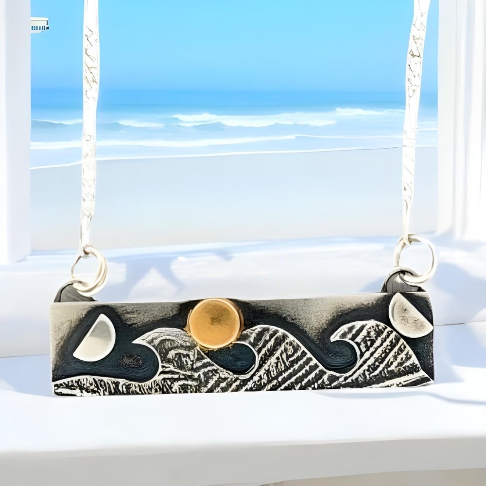 Gold Moon Rising Ocean Waves Silver Bar Necklace - 