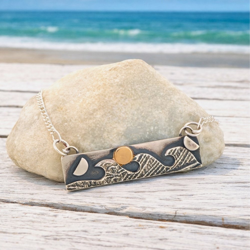 Gold Moon Rising Ocean Waves Silver Bar Necklace - 