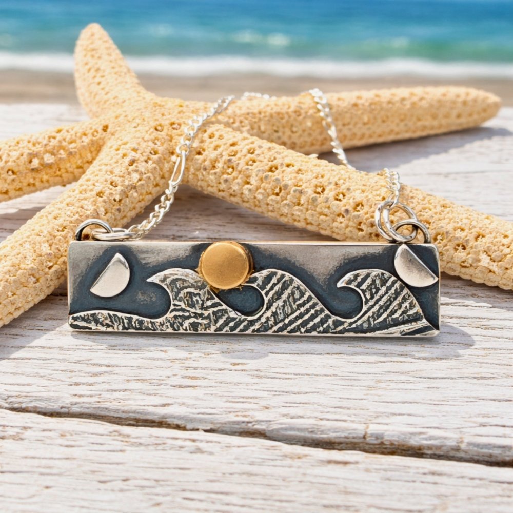 Gold Moon Rising Ocean Waves Silver Bar Necklace - 