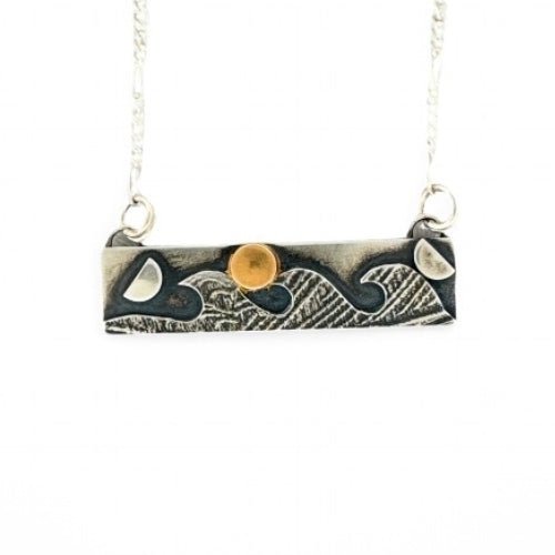 Gold Moon Rising Ocean Waves Silver Bar Necklace - 