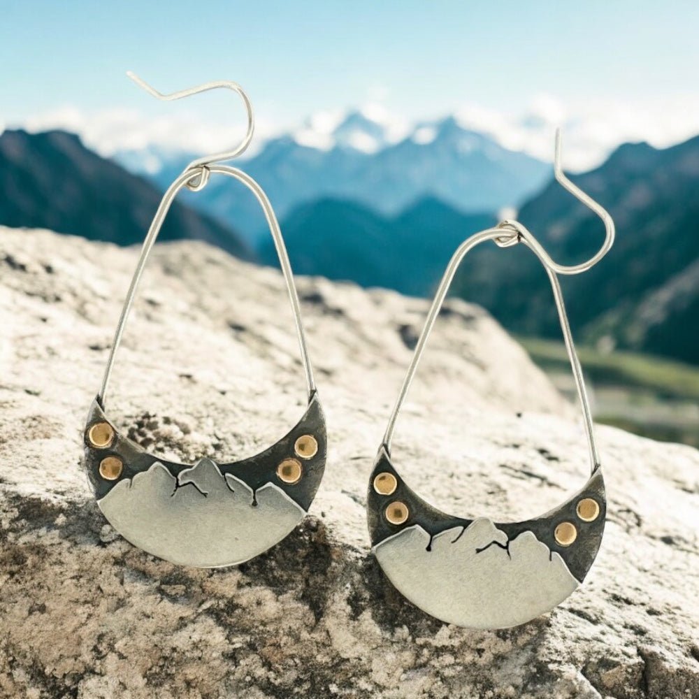 Golden Moons Rising Over Mountains Silver Earrings - 