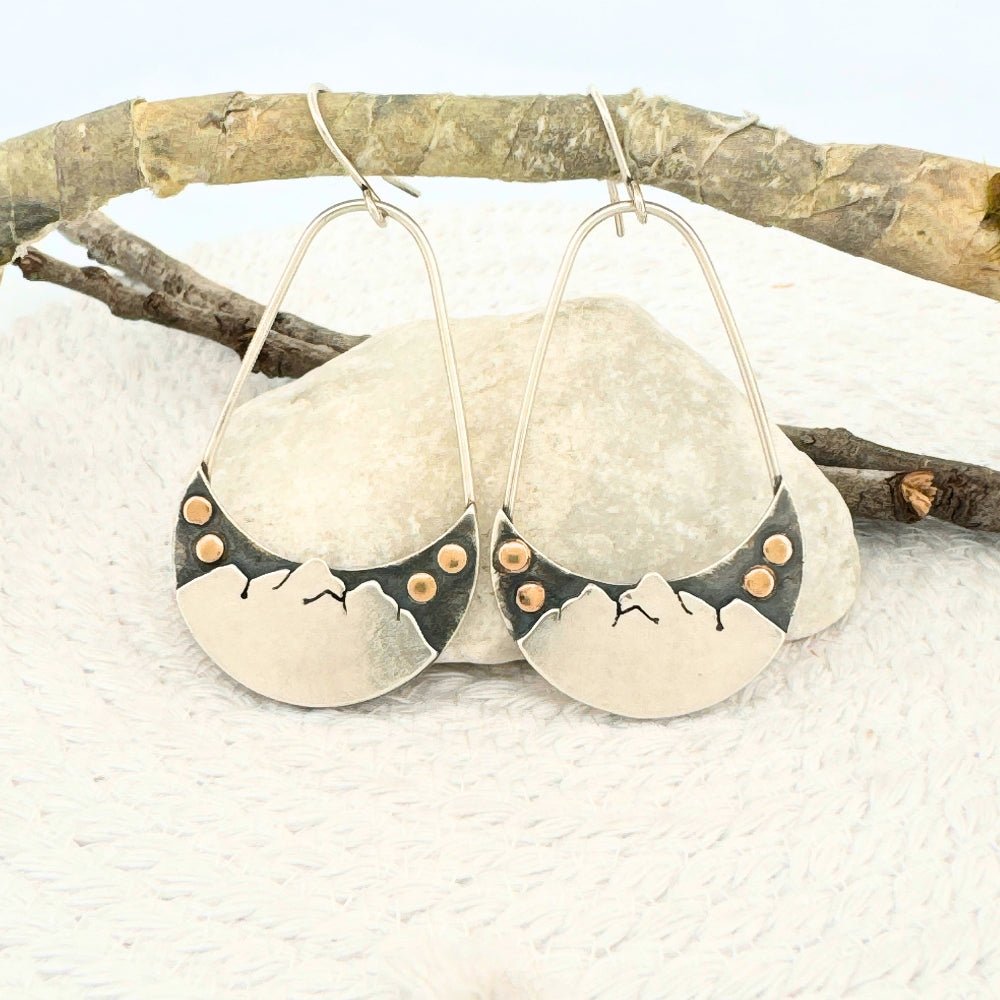 Golden Moons Rising Over Mountains Silver Earrings - 