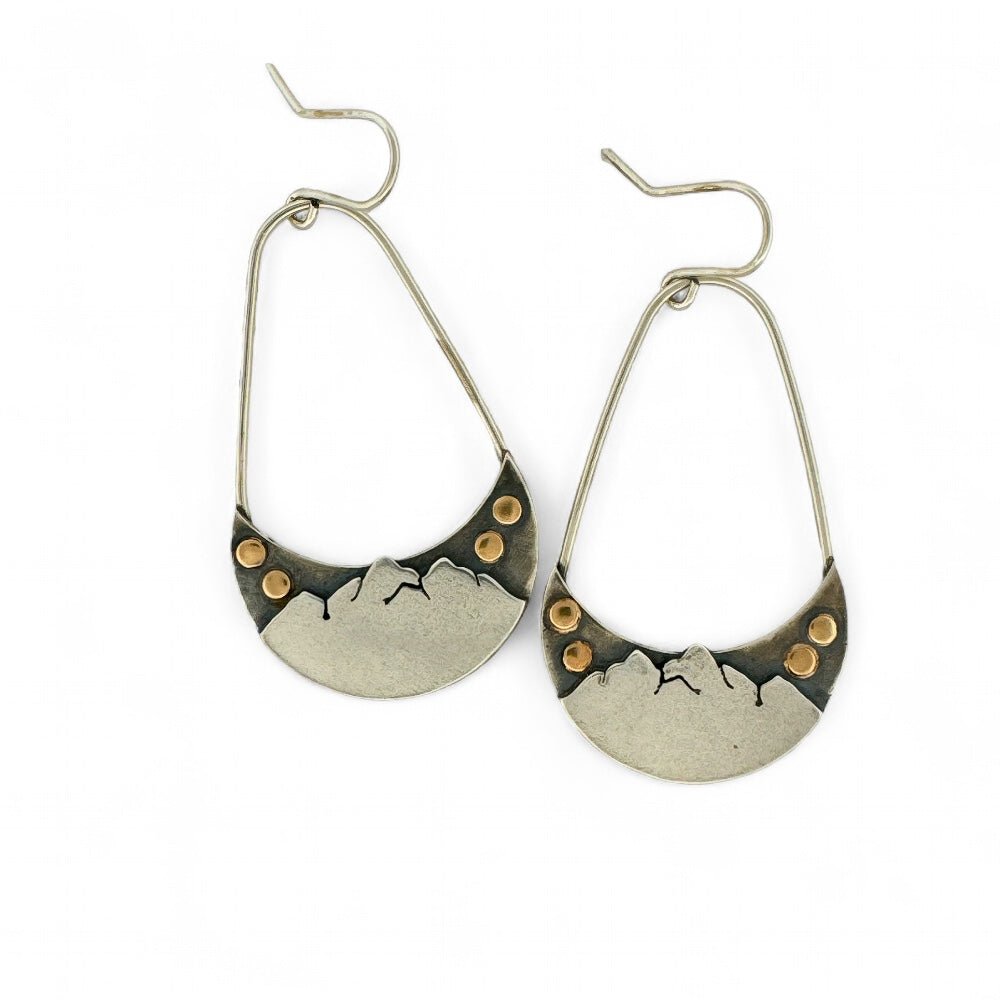 Golden Moons Rising Over Mountains Silver Earrings - 