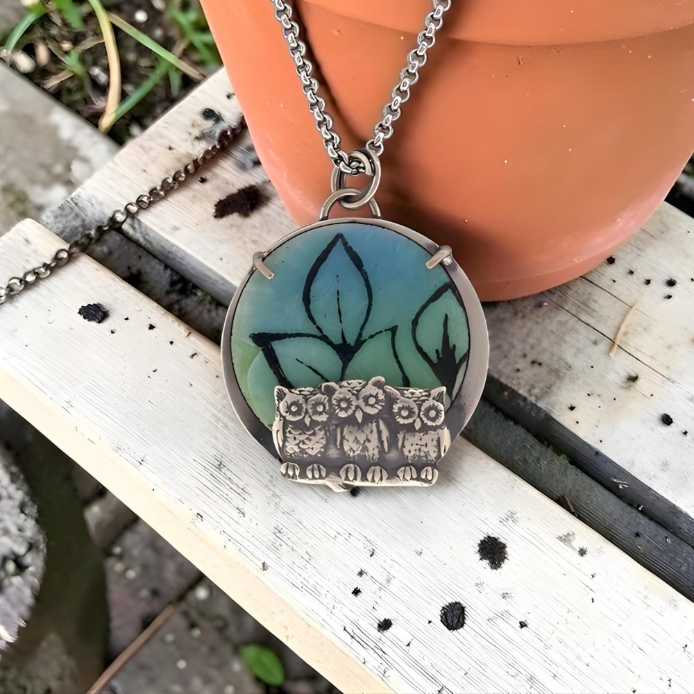 Hand - Painted Enamel Three Owl Silver Pendant Necklace - 