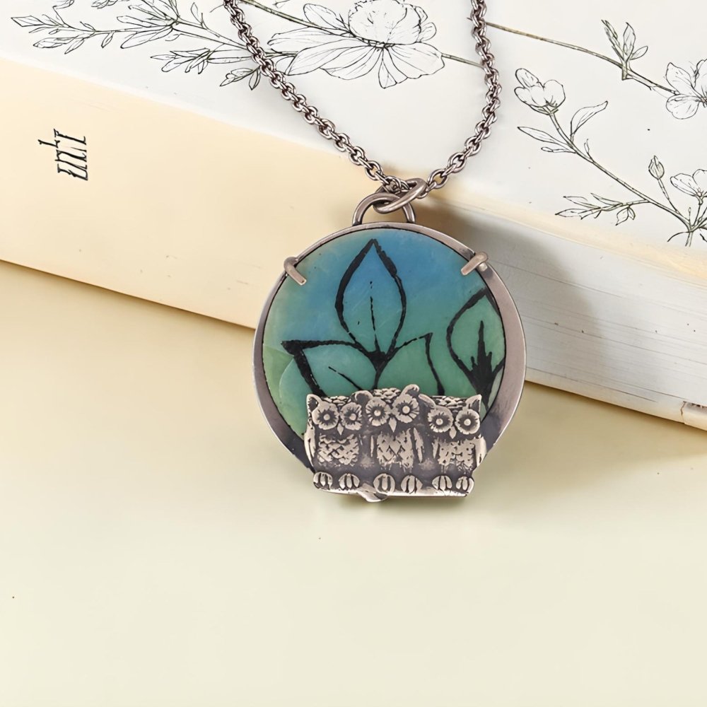 Hand - Painted Enamel Three Owl Silver Pendant Necklace - 