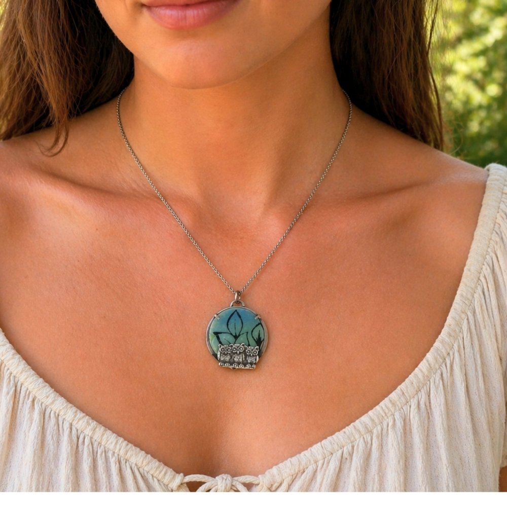 Hand - Painted Enamel Three Owl Silver Pendant Necklace - 