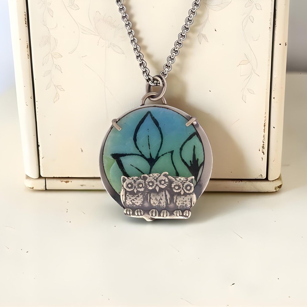 Hand - Painted Enamel Three Owl Silver Pendant Necklace - 