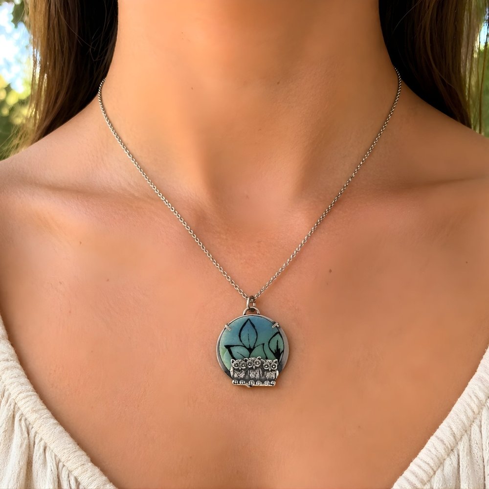 Hand - Painted Enamel Three Owl Silver Pendant Necklace - 