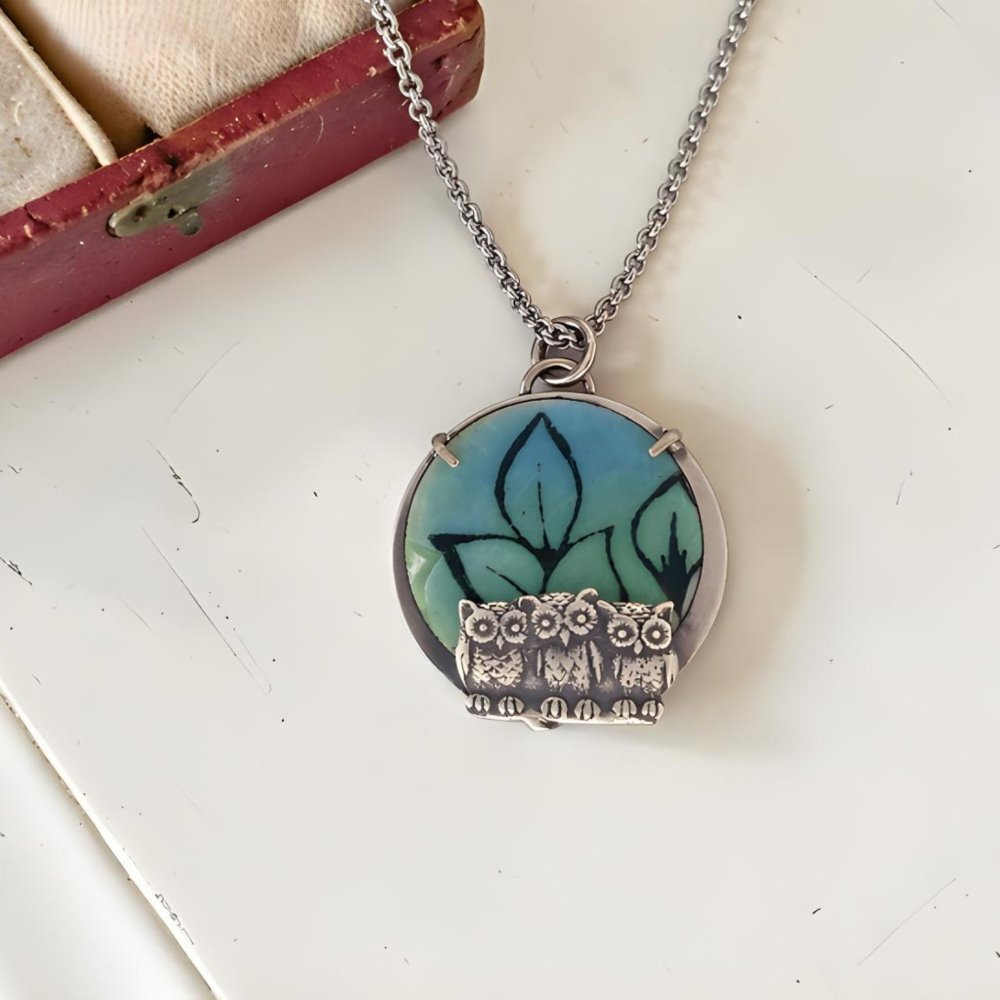 Hand - Painted Enamel Three Owl Silver Pendant Necklace - 