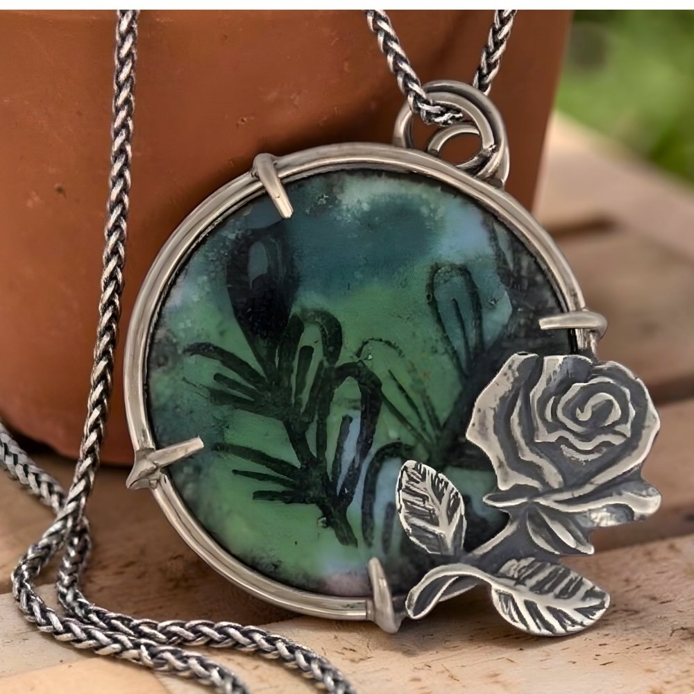 Hand - Painted Rose Leaf Enamel Silver Rose Pendant Necklace - 