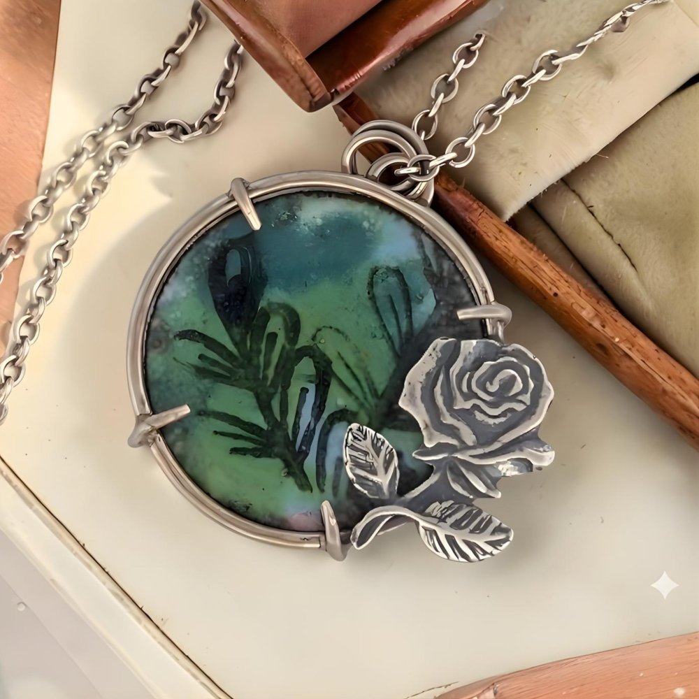Hand - Painted Rose Leaf Enamel Silver Rose Pendant Necklace - 