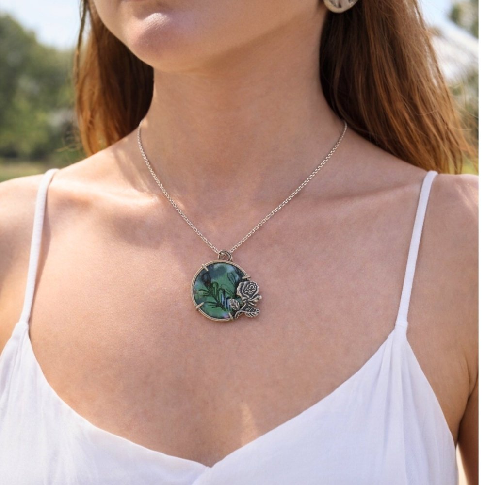 Hand - Painted Rose Leaf Enamel Silver Rose Pendant Necklace - 