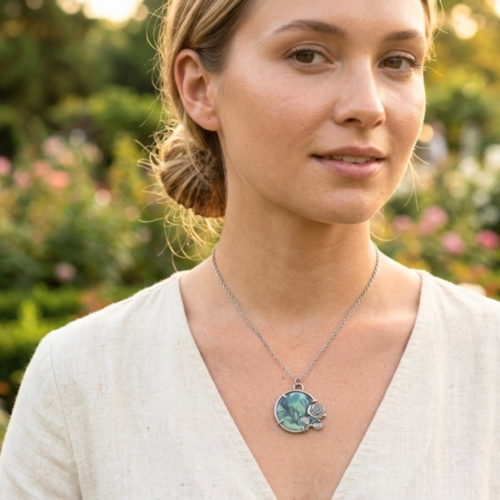 Hand - Painted Rose Leaf Enamel Silver Rose Pendant Necklace - 