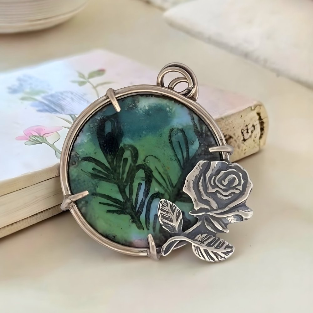 Hand - Painted Rose Leaf Enamel Silver Rose Pendant Necklace - 
